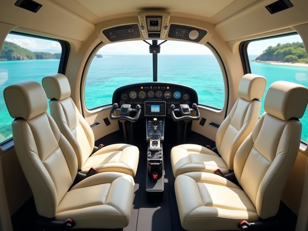 Leather VIP cabin interior of a charter helicopter with headsets ready