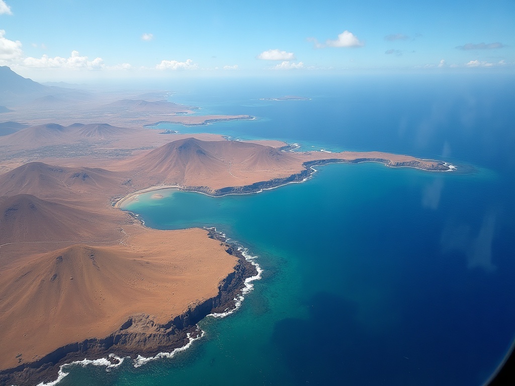Savanna hills and coastline of the Komodo region seen from helicopter altitude