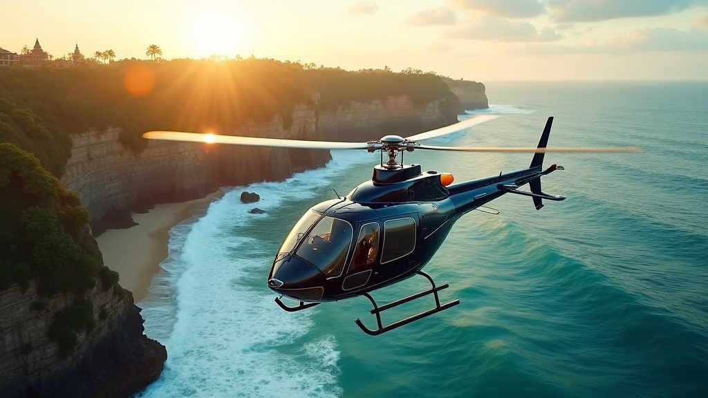View over Bali's limestone coastline from a helicopter in flight
